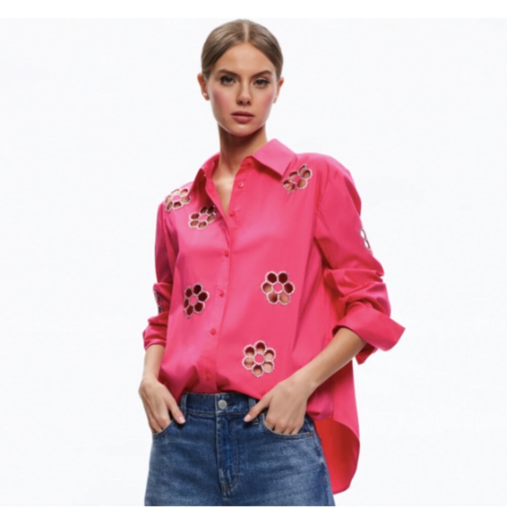 Alice + Olivia | Finely Flower Embellished Button Down (Candy)